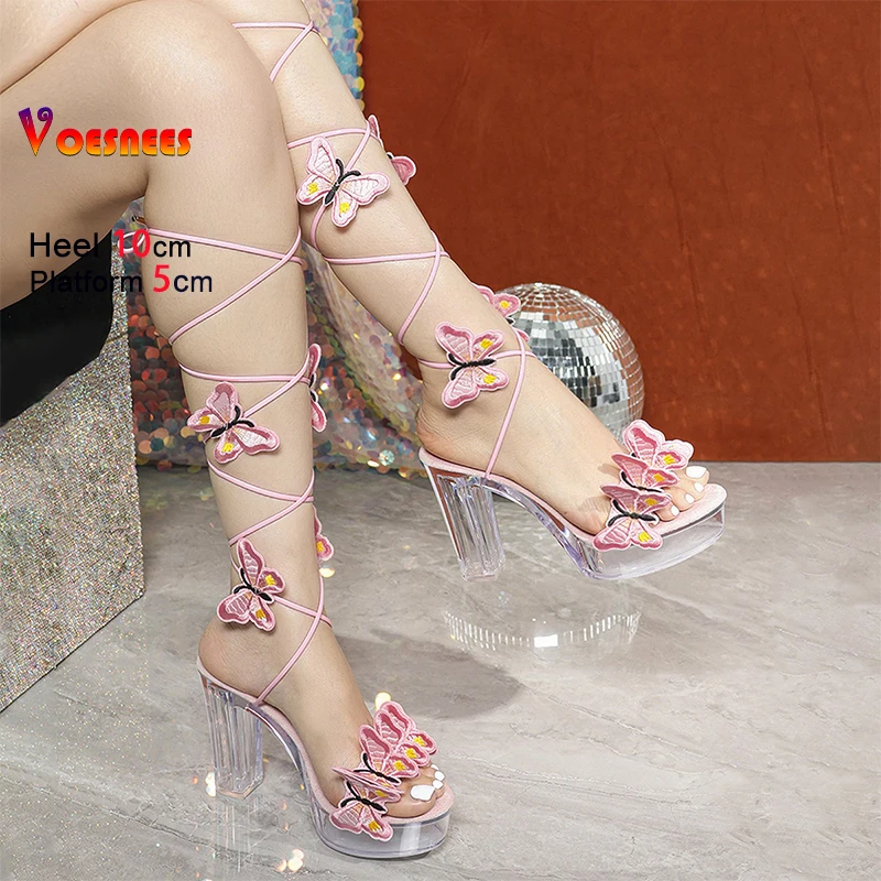 

10CM Square Heel Gladiator Platform Sandals For Woman Butterfly-knot Lace-up Stage Show Shoes 2026 Summer Women Clear High Heels