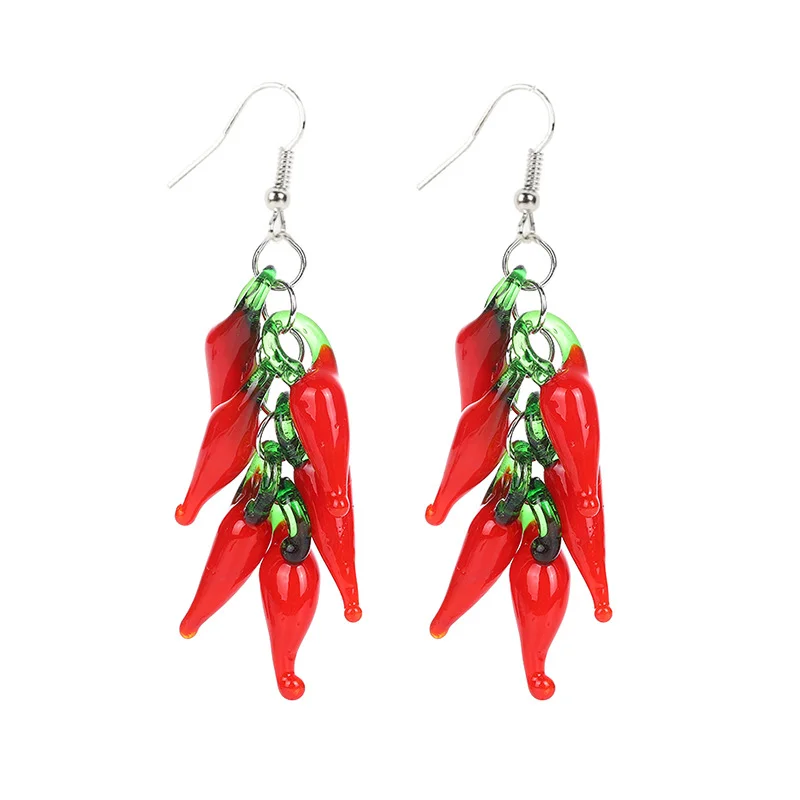 Trend Red Hot Chili Pepper Drop Earrings for Women Hand‑made Glass Vegetable Dangle Earrings Funny Party Cosplay Jewelry