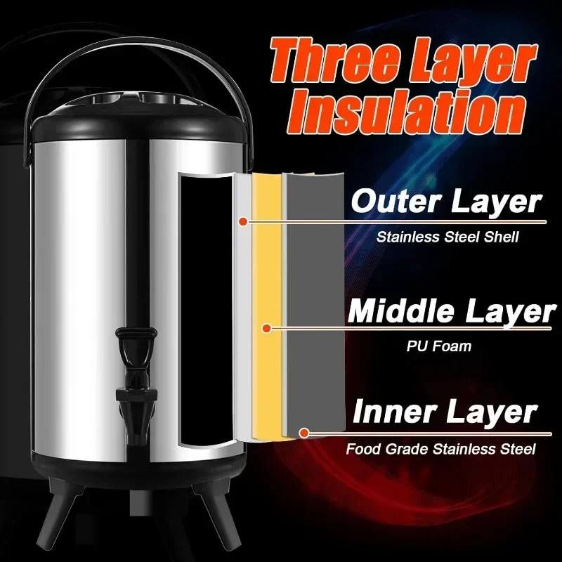 12L Stainless Steel Insulated Beverage Dispenser Kettle Dispenser for Hot Water Tea Milk Juice Silver