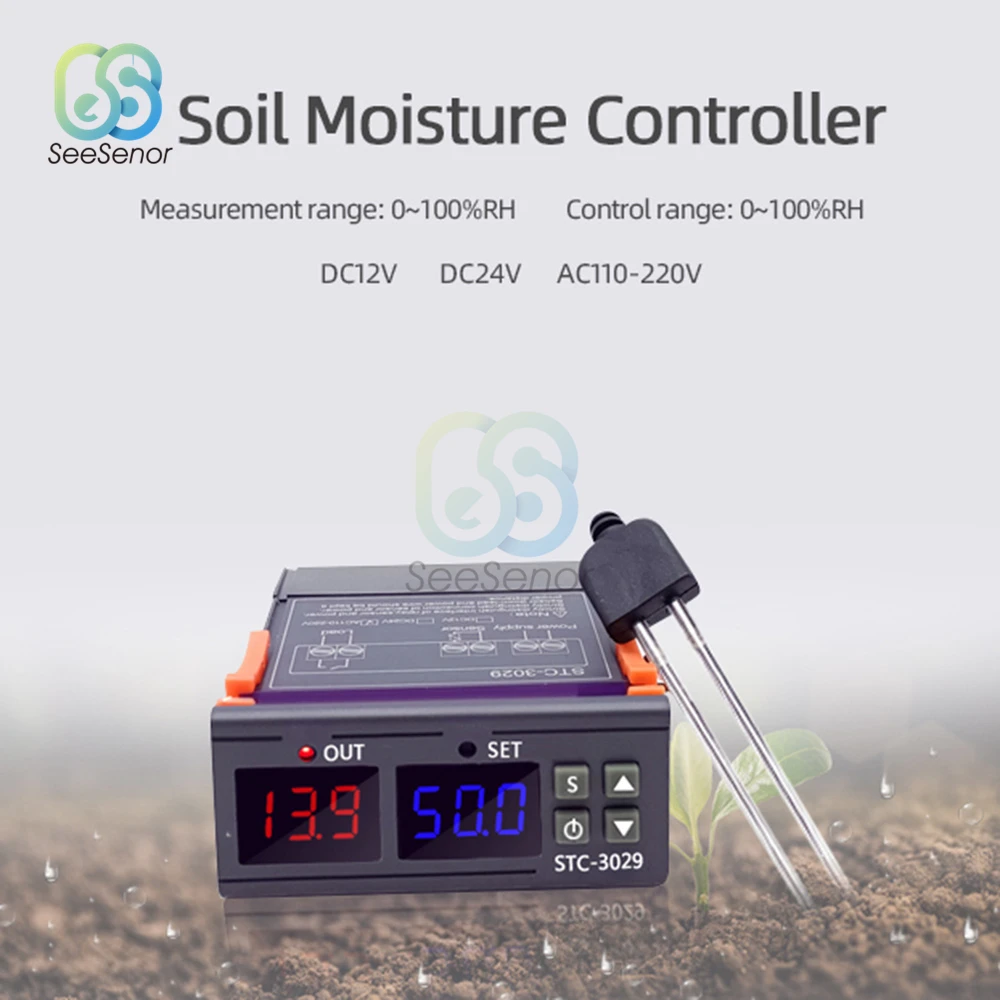 Dual Digital Humidity Controller Two Relay Output 12V 24V 220V Hygrostat STC-3029 Soil Moisture Controller Waterproof Sensor