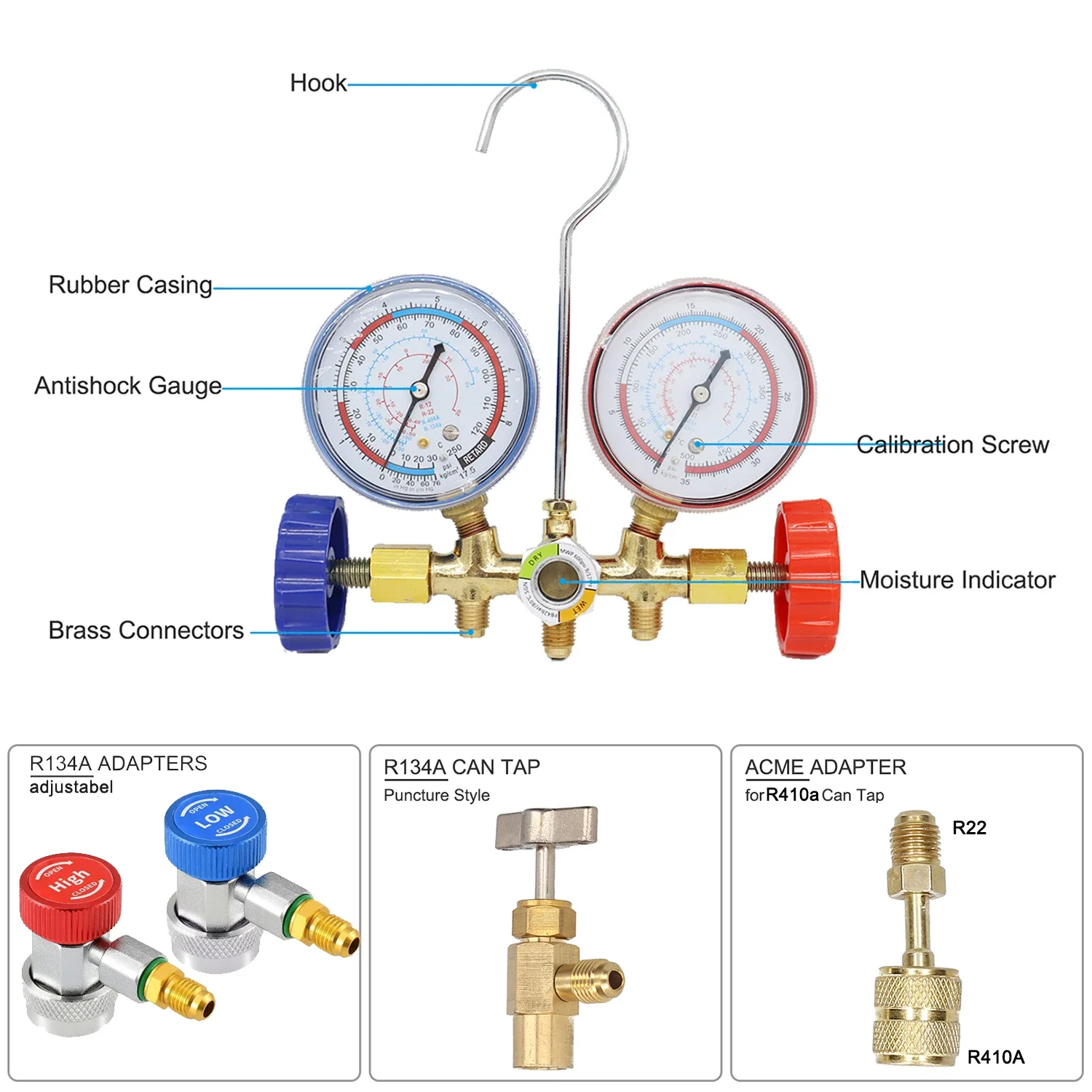 Trójdrożny zestaw wskaźników kolektora AC, R12 R22 R404A R134A narzędzie do diagnostycznego ładowania czynnika chłodniczego HVAC, regulowane