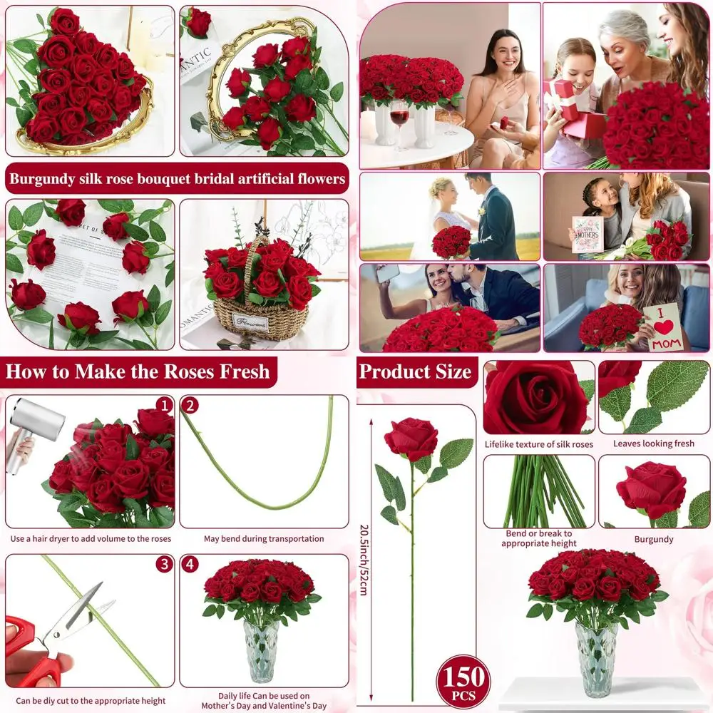 

Искусственные розы из багрового шелка на длинных стеблях, набор из 150 штук для свадеб и домашнего декора