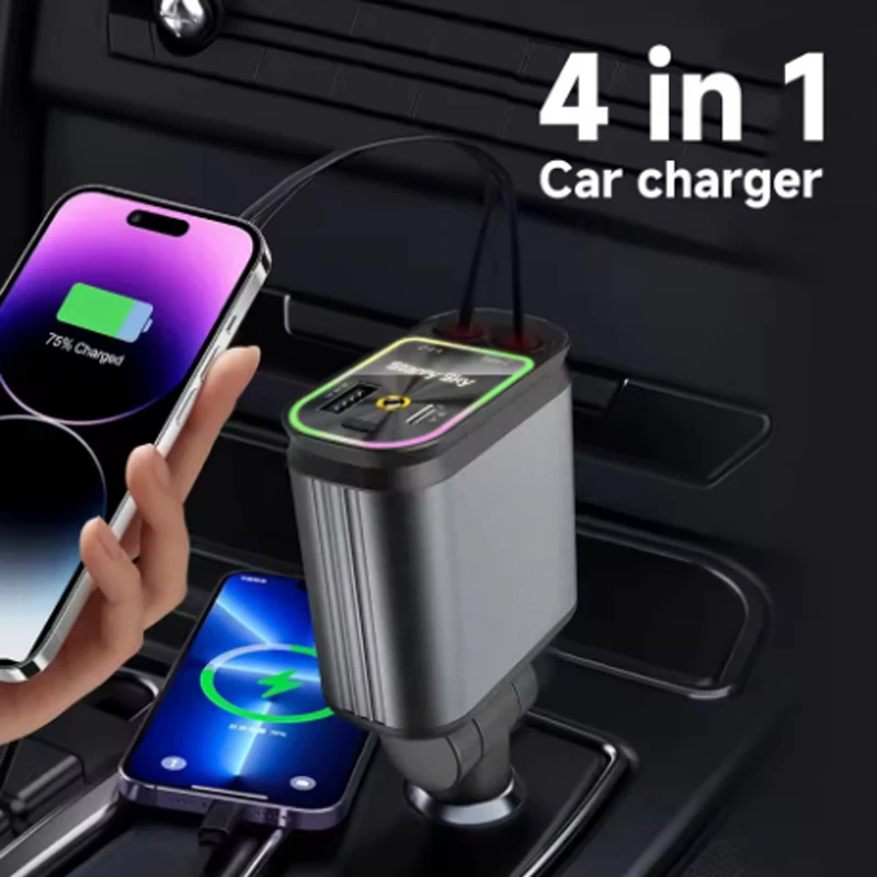 

4 in 1 Retractable Car Charger with USB C Lightning Cable Starlight in Auto Roof Fast Charging for IPhone Samsung Phones