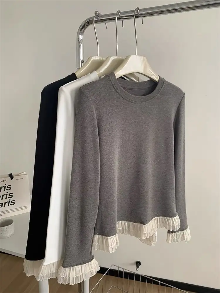 Y2K الدانتيل التي شيرت المرأة الرجعية المرقعة كم طويل الرقبة المستديرة نحى قاعدة ملابس خارجية أوائل الربيع