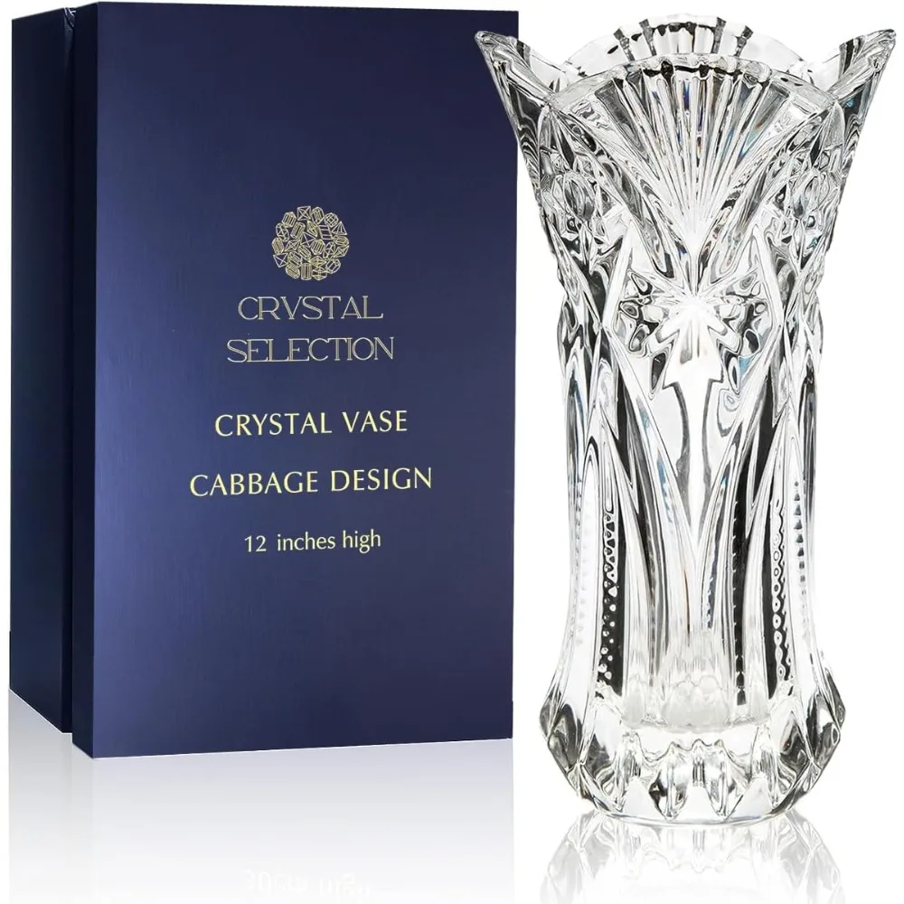 

CS Crystal Vase 12-inch high, Cabbage Design, for Flowers & Decor. Lovely Nice Shiny Piece. Perfect as a Gift, Suitable