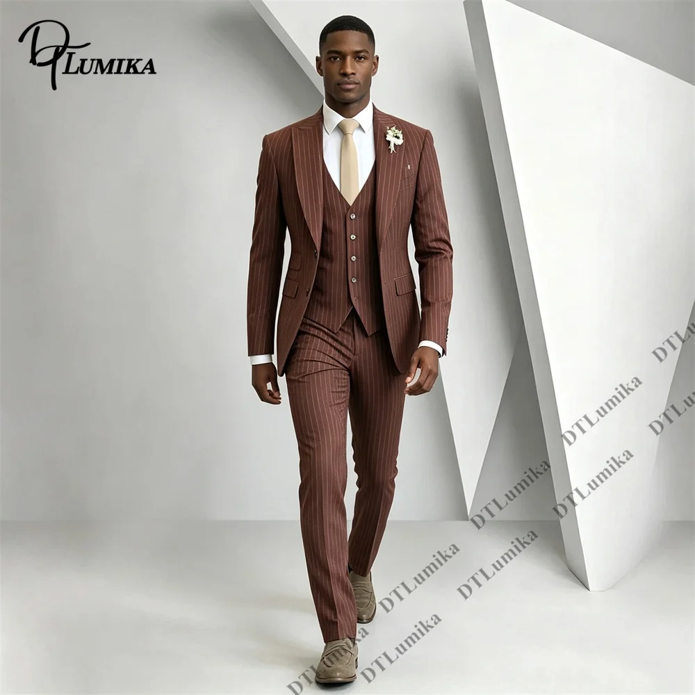 Men's 3 Piece Brown Pinstripe Suit Slim Fit Business Formal Wedding Groom Prom Office Work Interview Blazer Vest Pants Set