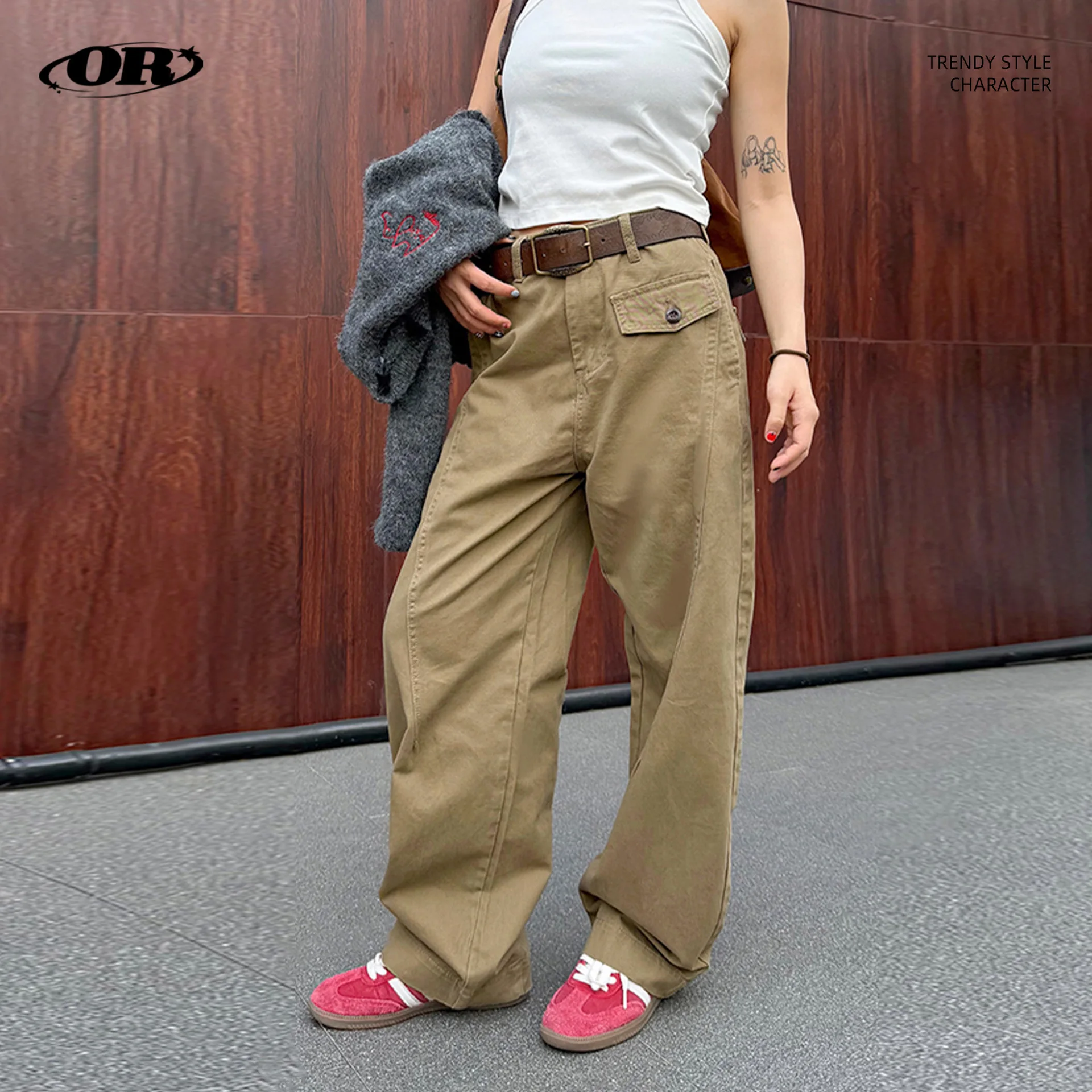 

OR FL American Retro Staraight 100 Cotton Women Cargo Trousers Trendy Brand Stereoscopic Cutting Loose Drape Slacks Women's Y2k