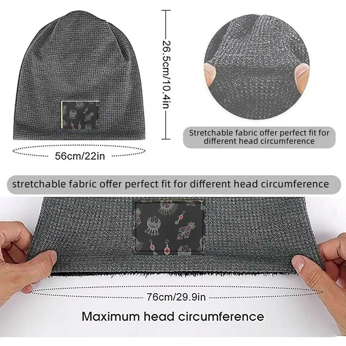 Kabyle Jewelry Amazigh Africa Ethnic Style Waffle Knit Fleece Lined Beanie with PU Leather Patch Unisex Warm Winter Soft Cap