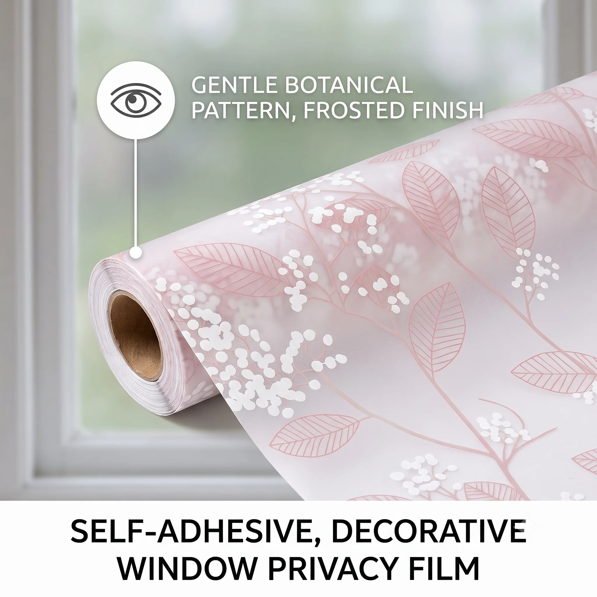 Self‑Adhesive Floral Window Film Pink Leaf White Flower Frosted Glass Sticker Privacy Decorative Window Tint for Bathroom Bedroo
