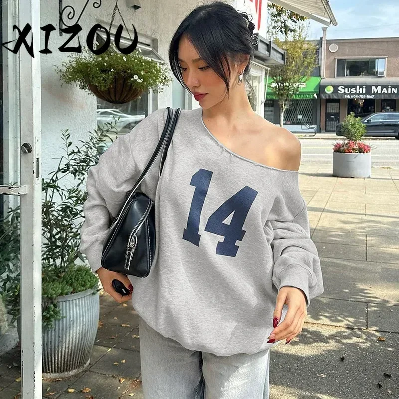 XIZOU Winter Slanted Shoulder Digital Graphics Sweatshirts Women 2024 Daily Casual Print Long Sleeve Loose Pullover Streetwear