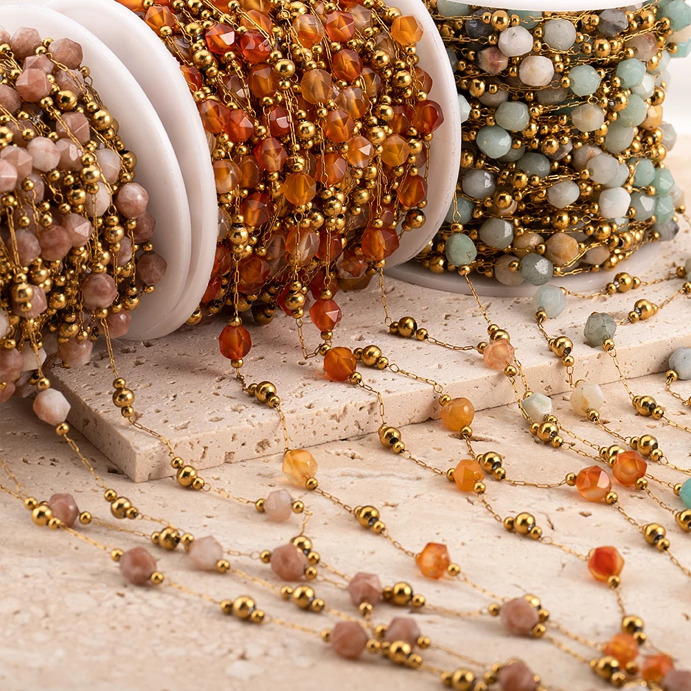 Łańcuszek ze stali nierdzewnej o długości 0,5 metra i 1 metra z nieregularnymi koralikami z kamienia do samodzielnego tworzenia naszyjników w stylu boho, ręcznie robionych bransoletek i materiałów do wyrobu biżuterii.