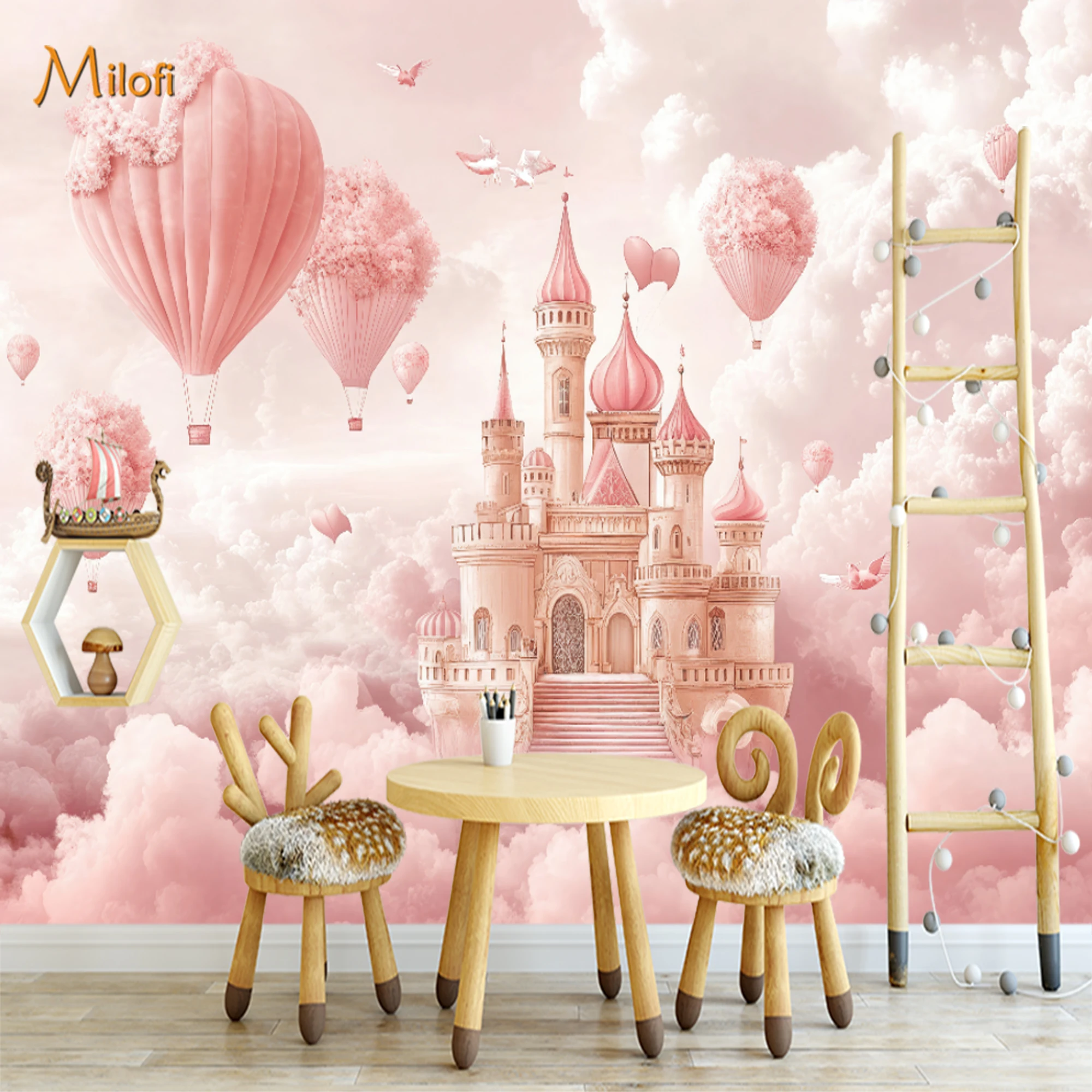 Custom Mural Wallpaper Girls Peel And Stick Wall Pink Princess Castle Hot Air Balloon Fluffy Cloud For Nursery Bedroom Home Deco