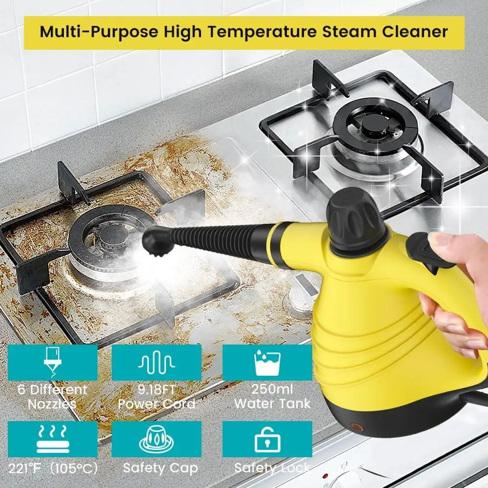 Ручной пароочиститель, пароочиститель под давлением 1050 Вт с 9 аксессуарами, предохранительный замок, быстрый нагрев, домашняя многоцелевая чистка