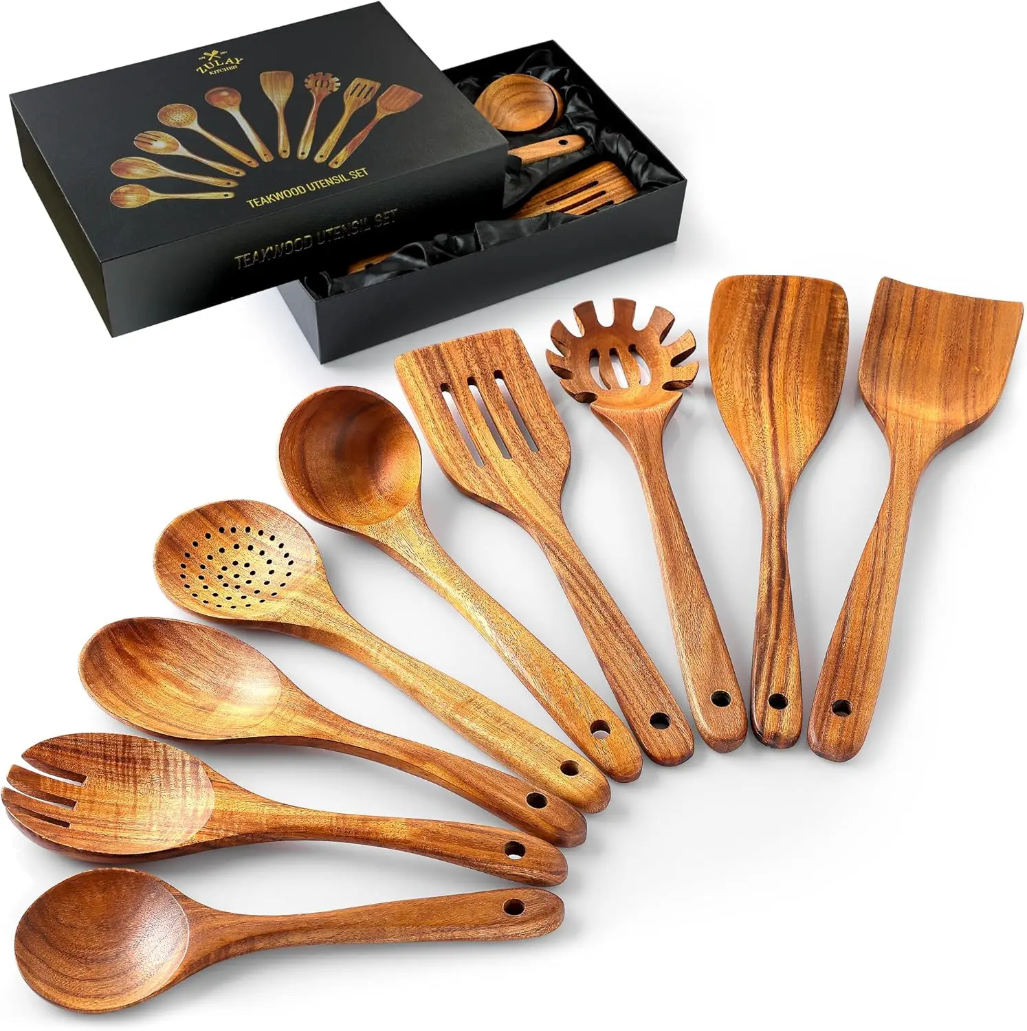 Ay Kitchen-Utensilios de madera de teca para cocinar, juego de utensilios de teca Natural con caja de regalo Premium, de madera antiadherente, 9 piezas