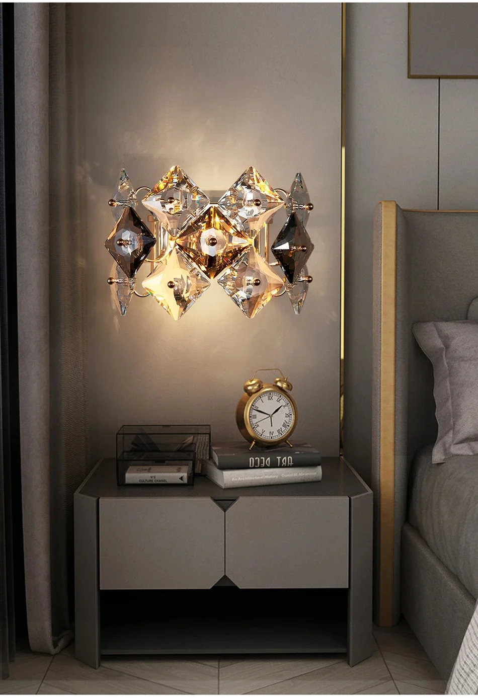 Modern Crystal LED Wall Sconce, Luminária cinza, Creative Home Decor, Sala de estar, Quarto, Cabeceira, Design Lustre