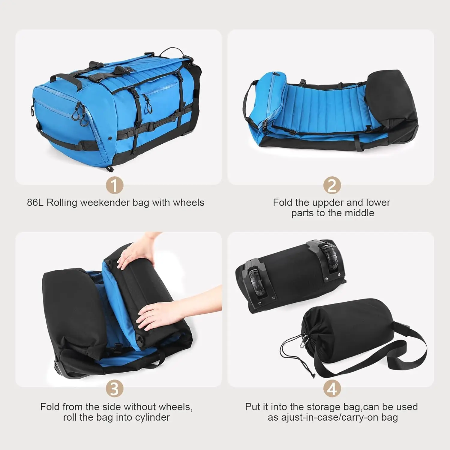 Rolling Duffle Bag with Wheels,86L 30”Carry on Luggage with Wheels,Folding Travel Bag,Duffle Backpack with Separate Shoe Compartment (Blue)