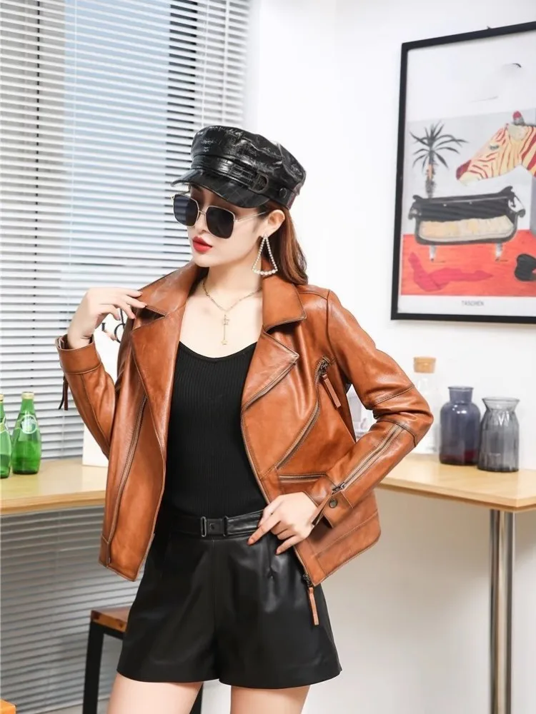 Autumn Women Genuine Leather Jacket Short Natural Sheepskin Coat Slim Fit Office Ladies Work Coat Vintage Zip Moto Biker Jacket