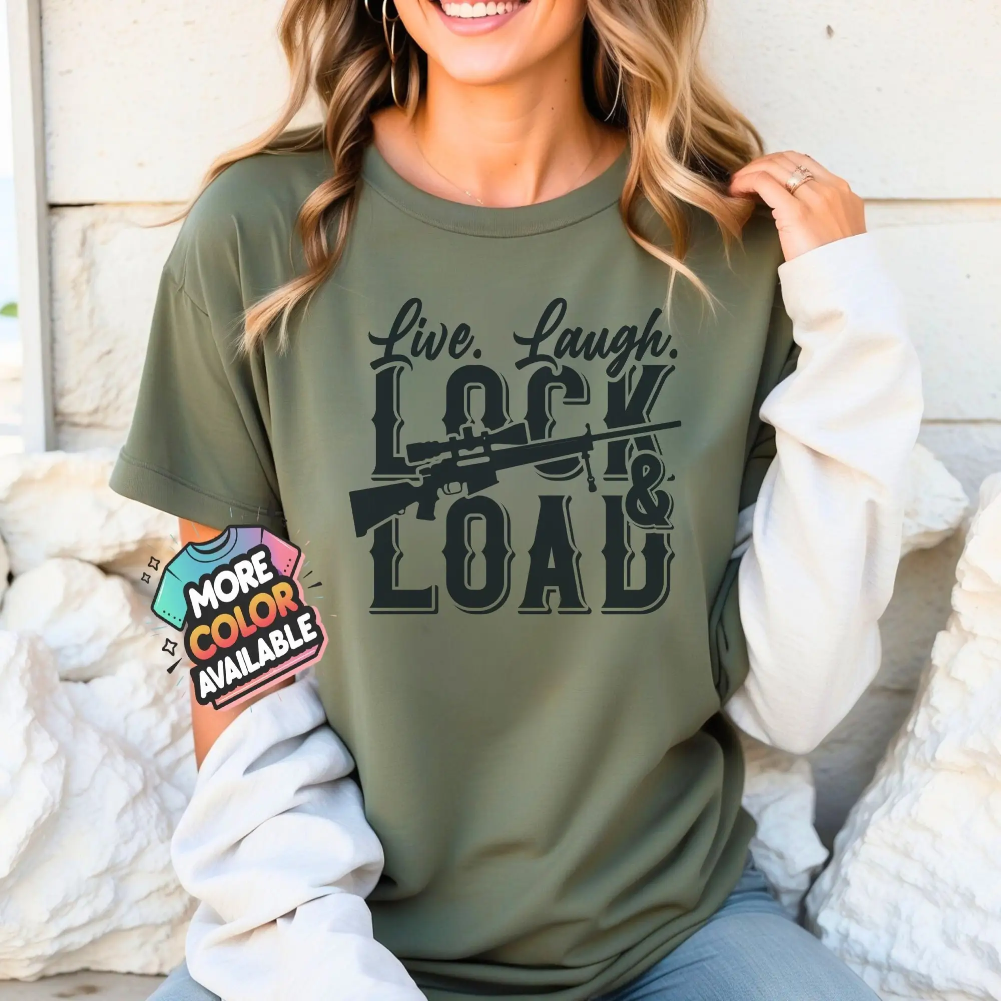 Live Laugh Lock And Load T Shirt Bold Rifle Text Design Sizes