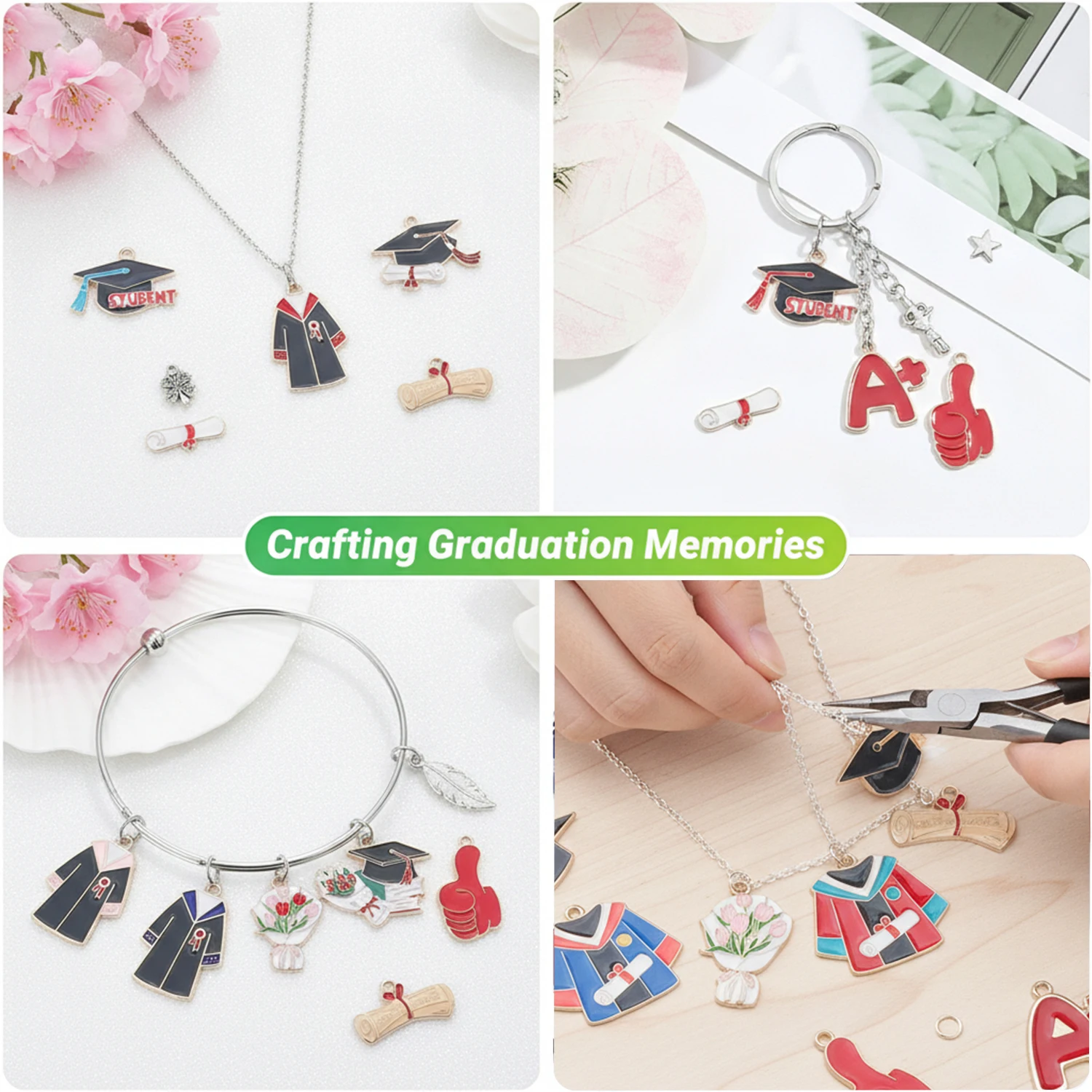 10/20pcs Enamel Graduation Flower Hat Charms Pendant for Necklaces Earrings DIY Jewelry Making Decorations Accessories Findings