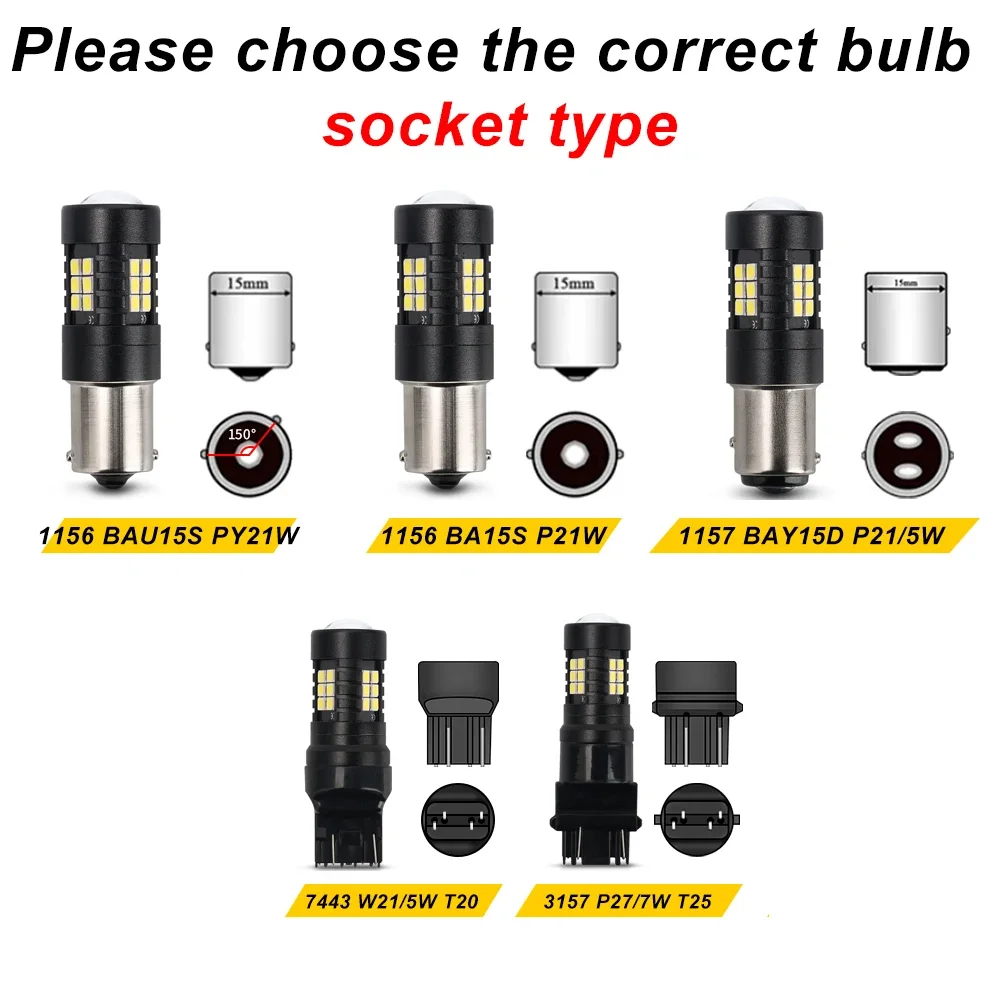 2X Car Led Light Bulb S25 R10W R5W 1156 BA15S BAU15S P21W PY21W 1157 P21/5W BAY15D 7443 3157 T25 T20 Auto Reversing Lamp 6000K