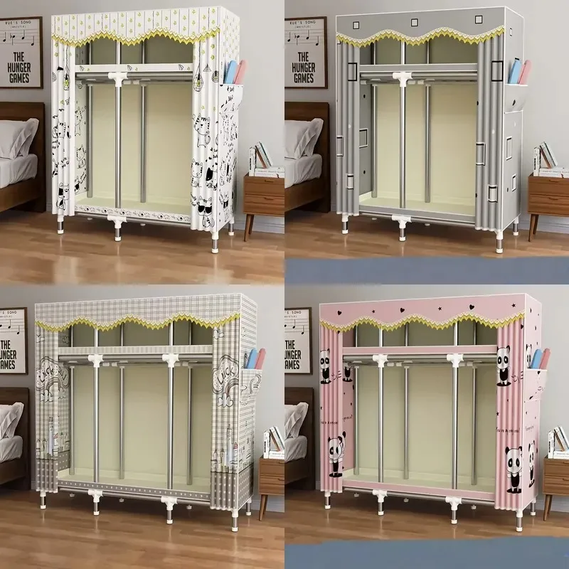 Simple Fabric Wardrobe with Hanging Area Steel Pipe Reinforced Assembly for Rental Housing