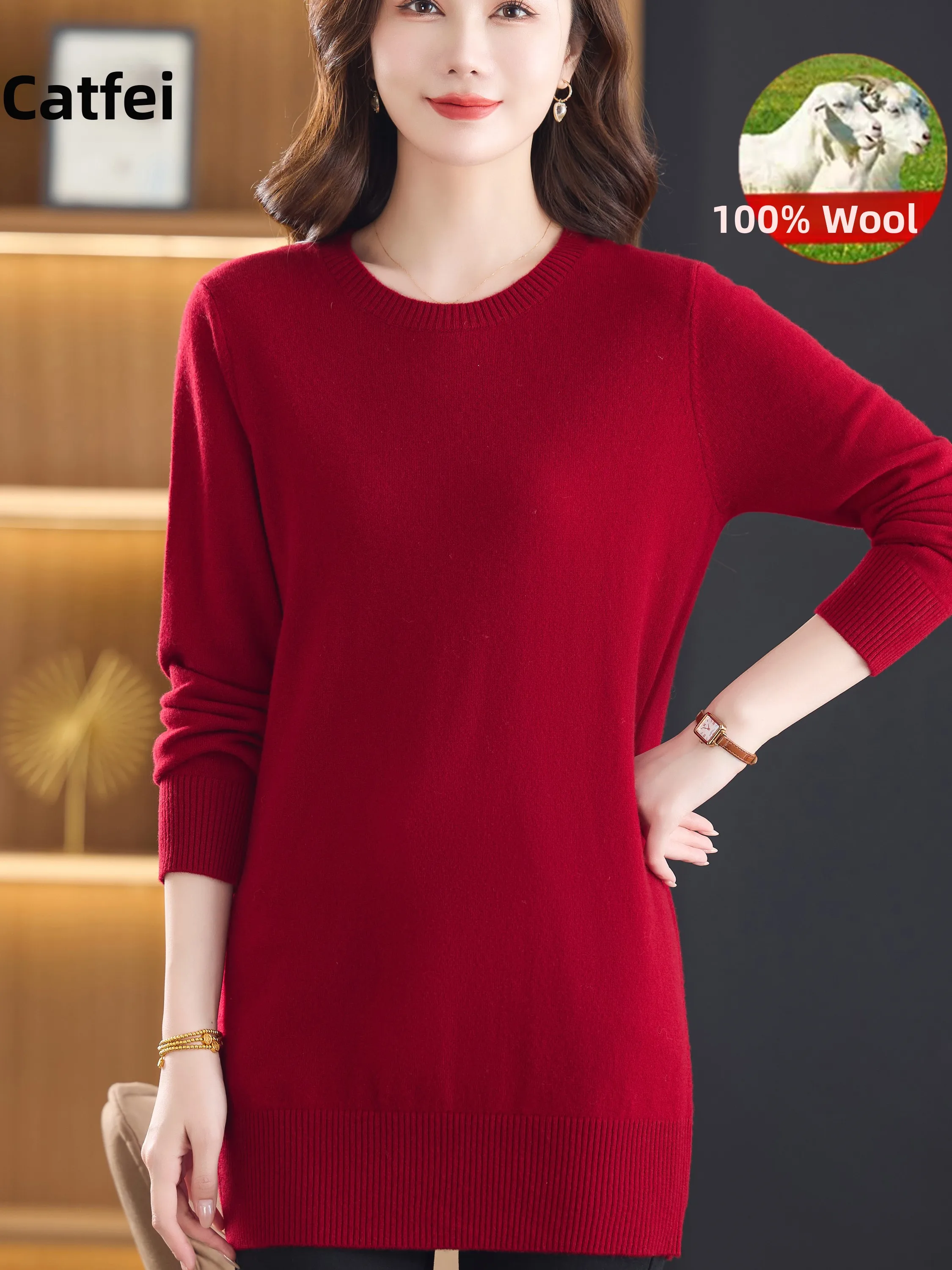 

Autumn Winter Women's Mid-Length Loose Knitted Woolen Base irt round Ne Inner Wear Breathable Comfortable Wool 00%