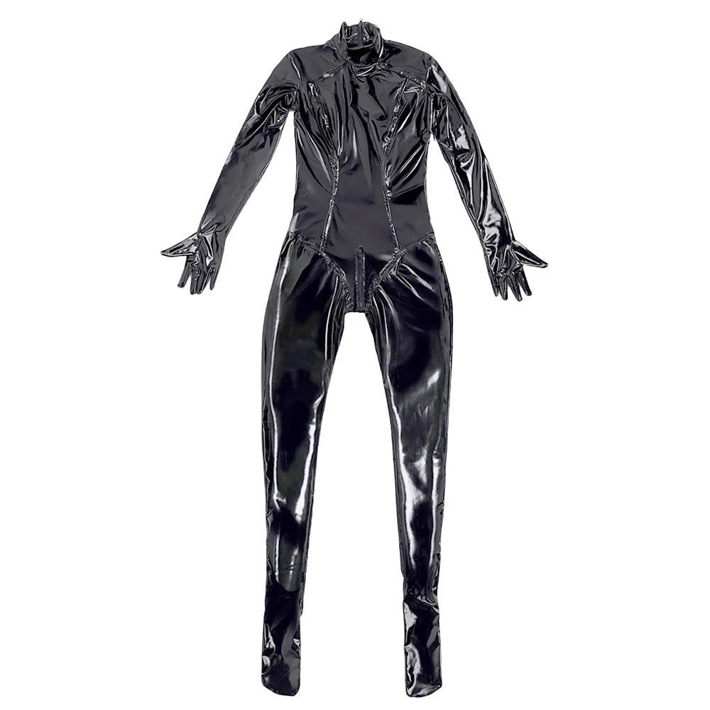 Sexy Wetlook PU Leather Jumpsuit Club Party Bodysuit Glove Sleeve Dance Wear Tights Long Zipper Open Crotch Maid Leotard