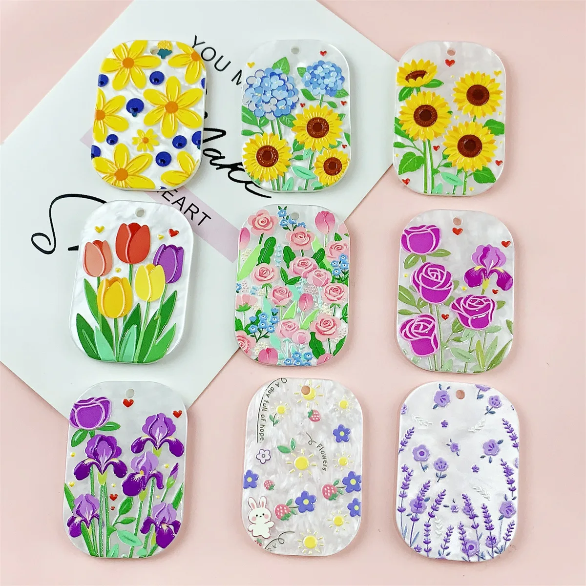 20pcs DIY Mix Acrylic Double-sided Colorful Tulip Sunflower Flowers Rectangle Pendant Jewelry Accessories Bracelet Earrings