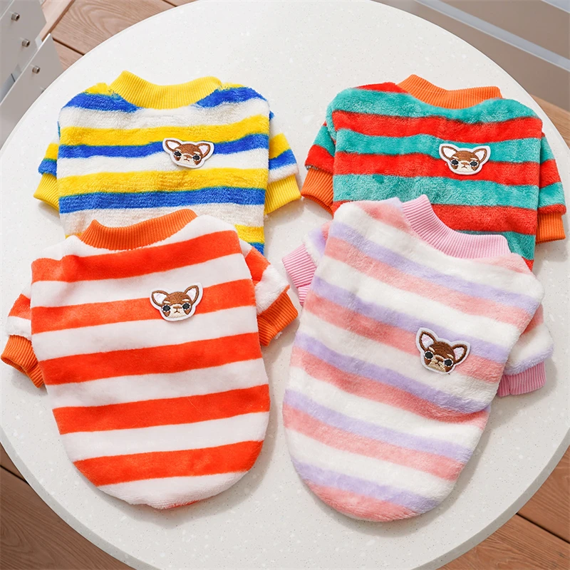 Light Striped Pet Winter Clothes for Small Dogs Embroidery Puppy Warm Flannel Sphinx Cat Sweatshirt Unisex York Pet Overalls