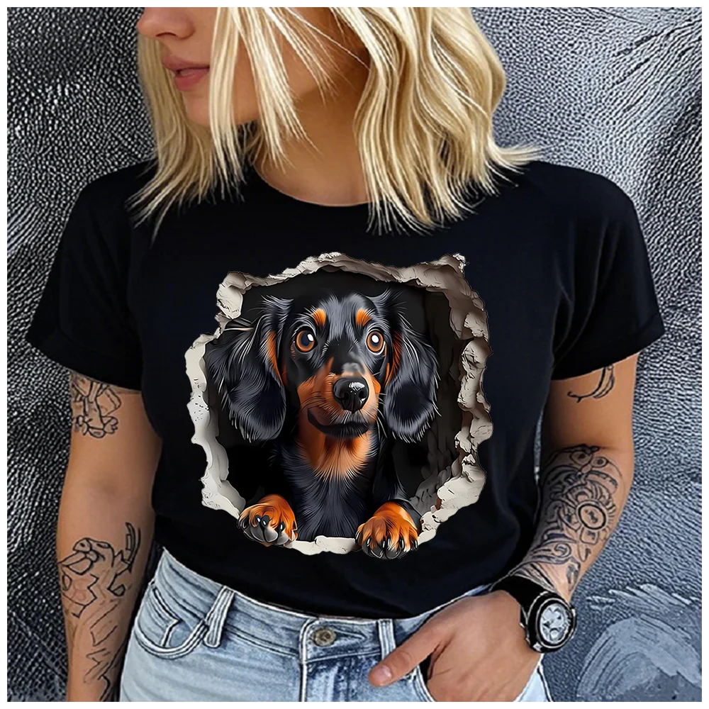 Women's Cotton 100% Interesting Dog Print T-shirt Loose round Neck Casual Short Sleeve Fashion Top Wholesale Clothing Summer