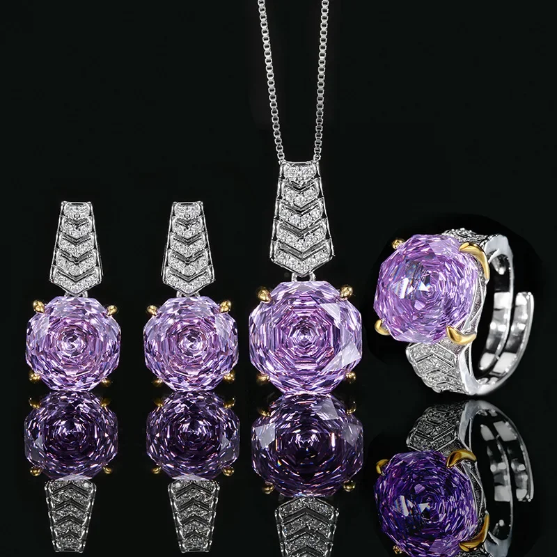 

Shiny Purple Rose Cut Gemstone Jewelry Elegant Luxury Fashion Silver Plated Earrings Necklace Ring for Women Party Wedding Gift