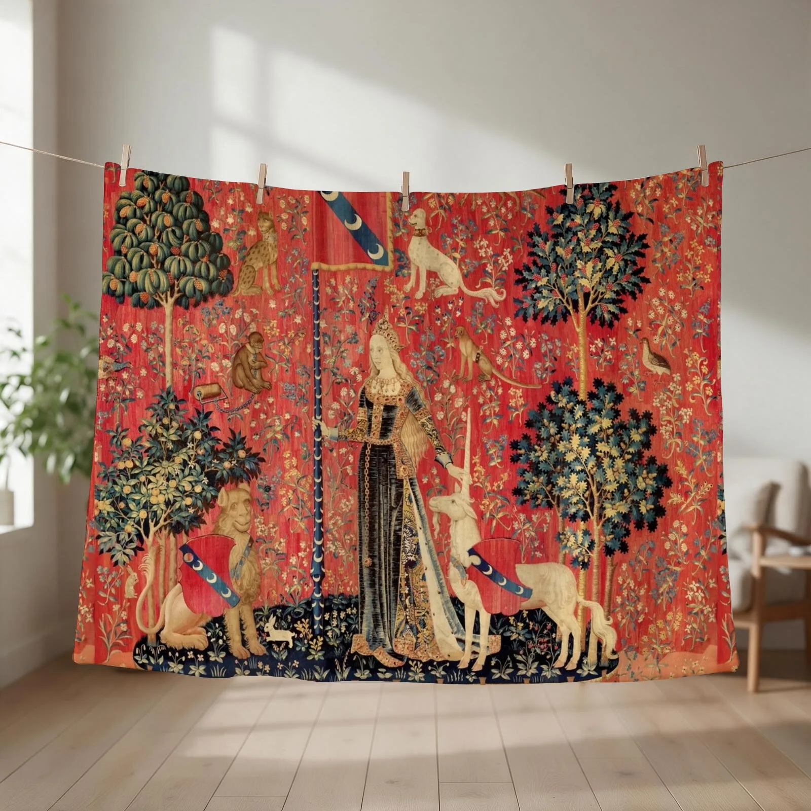 LADY AND UNICORN ,TOUCH ,Lion,Fantasy Flowers,Animals Red Green Floral Throw Blanket