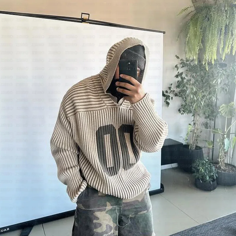 

Европейский и американский модный свободный жаккардовый ленивый универсальный индивидуальный свитер с капюшоном, повседневный пуловер, топЕвропейский и Ame