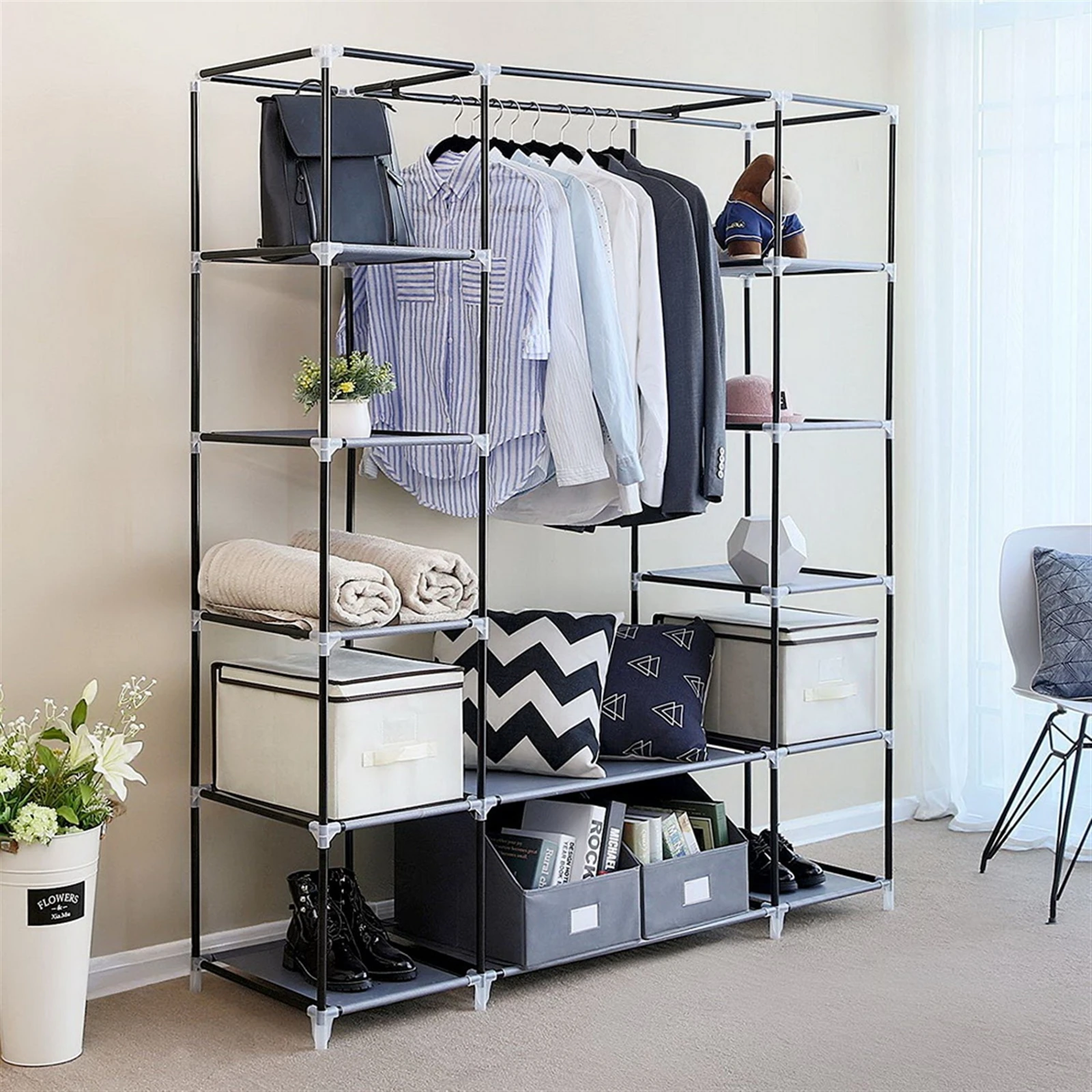 Portable Clothes Closet Wardrobe Storage Organizer with Non-Woven Fabric Quick and Easy to Assemble Extra Strong and Durable