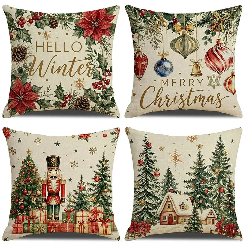 VIKAMA Farmhouse Christmas Cushion Cover Nutcracker Soldier Xmas Ball Winter House Floral Print Pillow Cover Sofa Home Decoratio