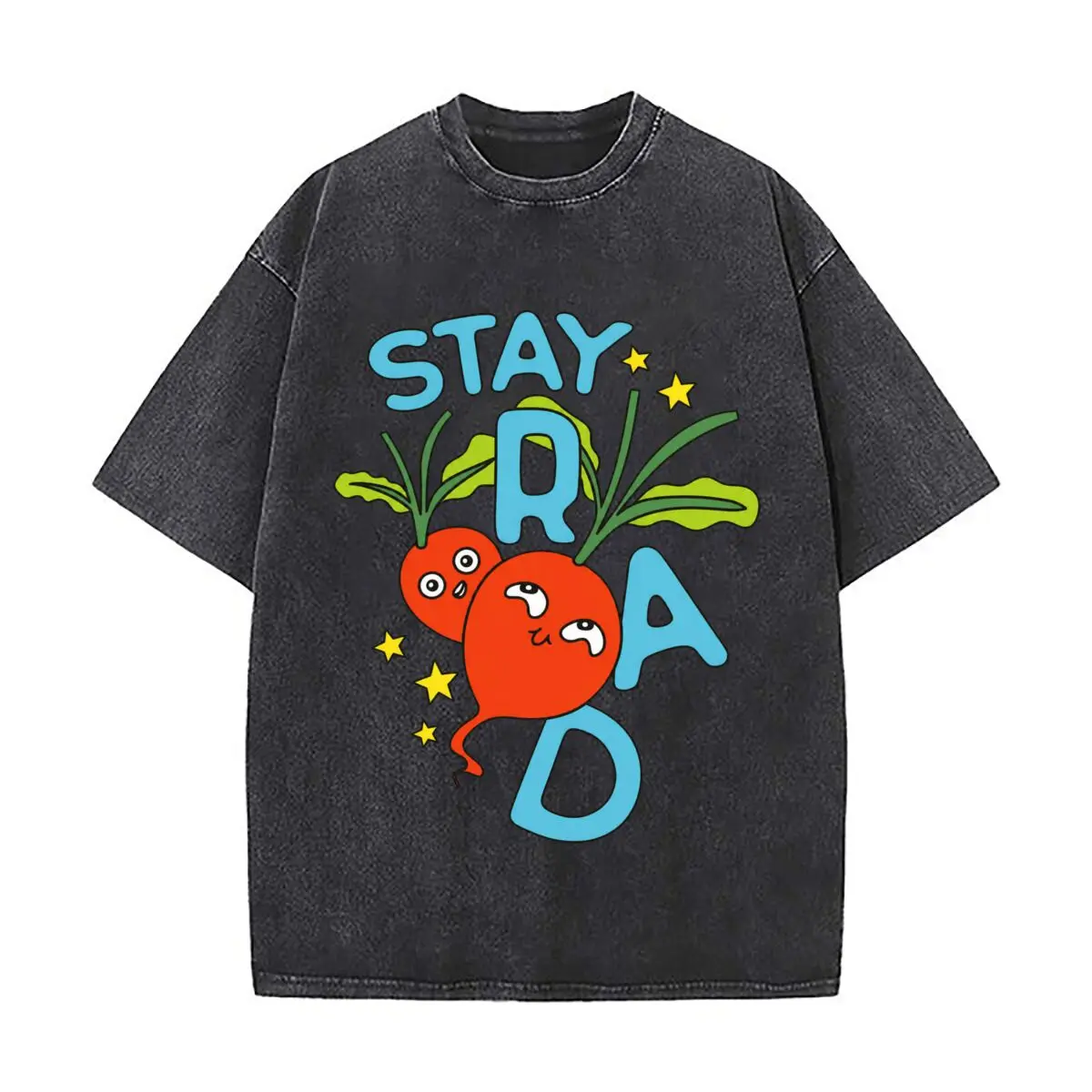 Stay Rad Cute Radish Stars Cartoon Design Vintage Distressed Loose Streetwear Tops for Campus Days