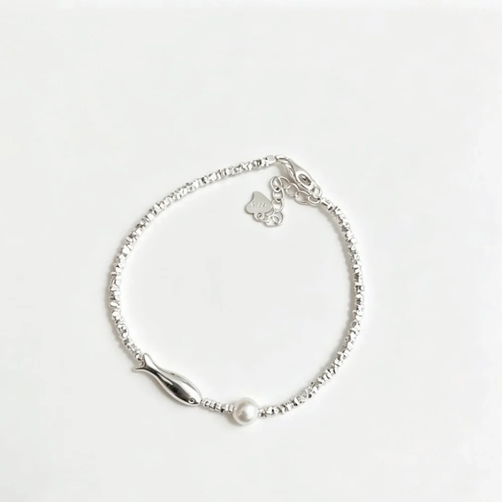 Elegant Silver Color Small Fish Bracelet Small Irregular Square Fish Bracelet Sweet Imitation Pearl Bracelet Girls