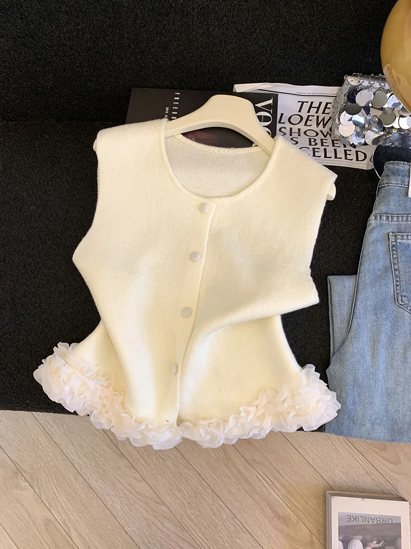 Black Fungus Edge Vest for Women In Autumn and Winter, Layered Sleeveless Patchwork Camisole Top, Elegant Jacket