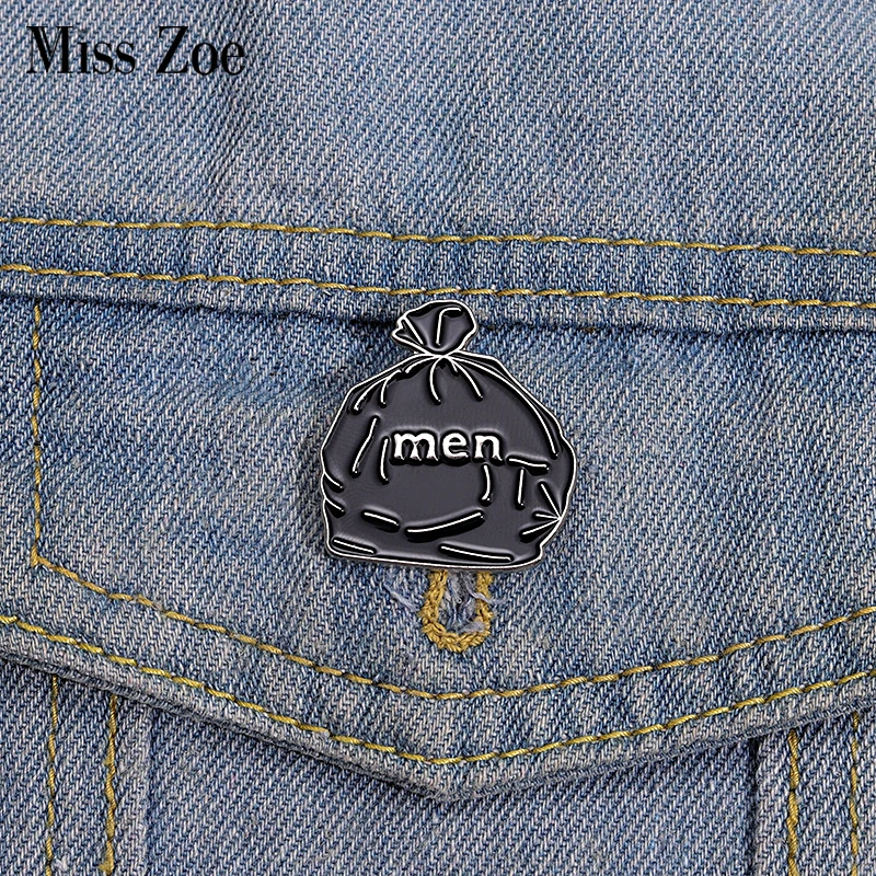 Men Garbage Bag Enamel Pins Custom Black Brooches Shirt Collar Lapel Badges Funny Cool Punk Jewelry Gift for Kids Friends