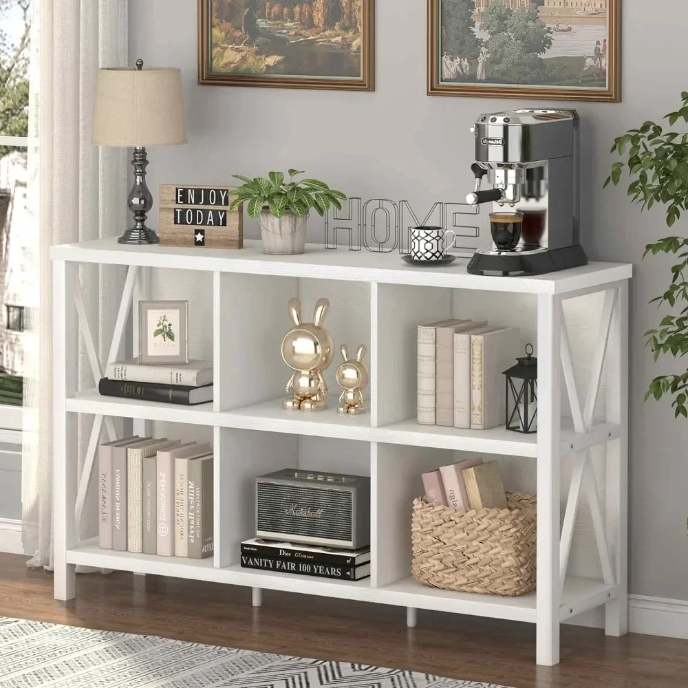 Industrial Horizontal Bookshelf (White Oak Wardrobe Long Wood and Metal Cubby Bookcase Book Shelf Bookcase & Magazine Racks Room