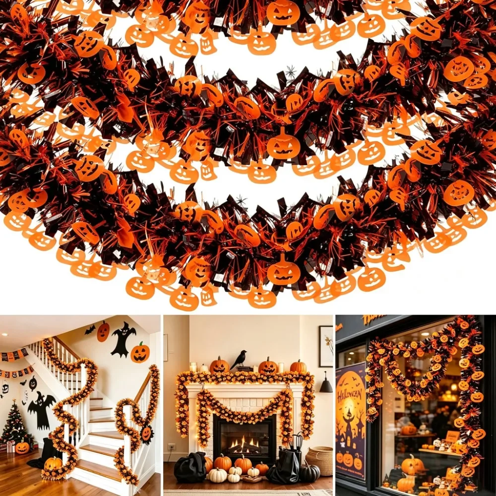 2/4M Schwarz-Orange Halloween-Girlande mit Kürbis-Ausschnitt, Gruselige Hängedekoration für Haustür, Outdoor-Halloween-Party-Zubehör – Detail 1