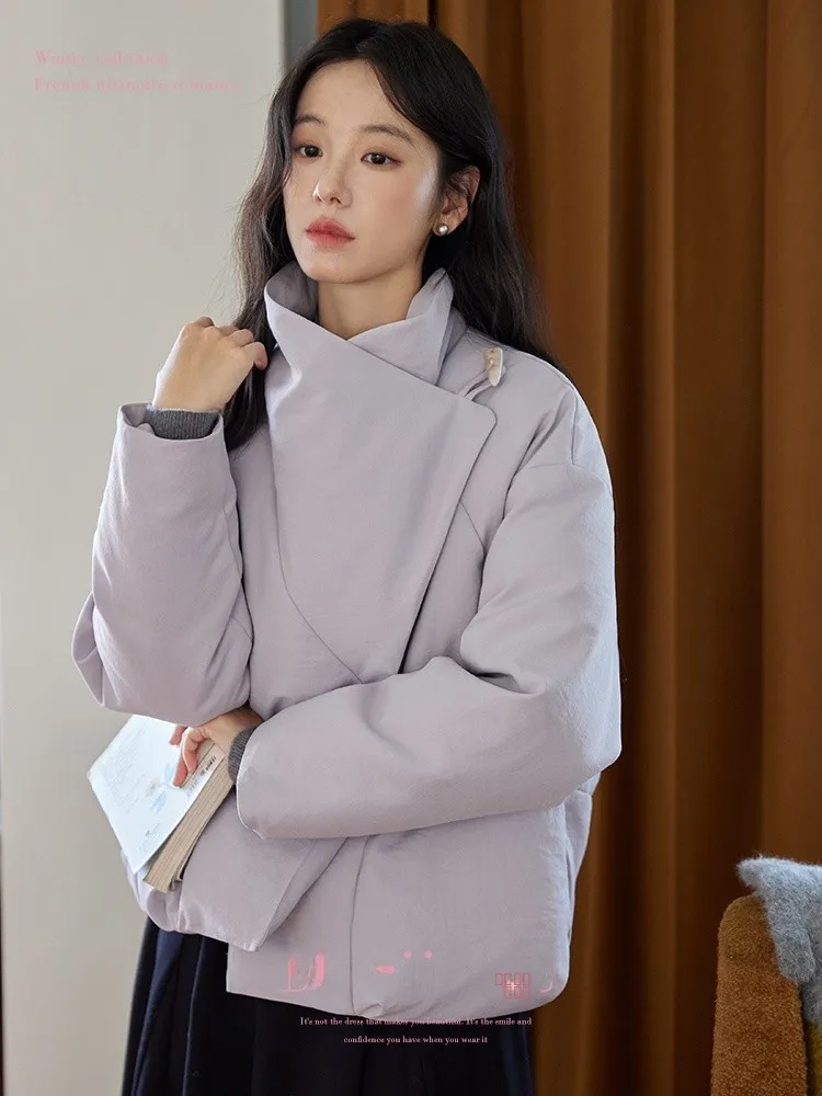 

Женская зимняя куртка Moriirose с двойным воротником, асимметричным отворотом, свободного кроя, винтажная, с наполнителем из белого пуха