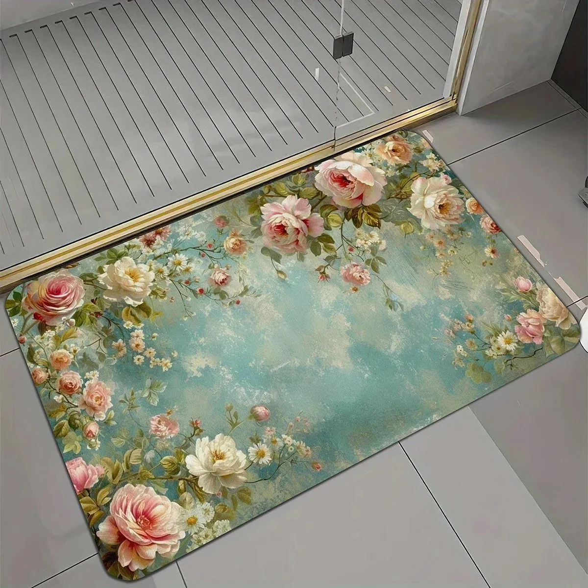 Elegant Blue Background Cherry Blossom Doormat Vintage White Floral Branch Blossom Print  Modern Indoor Entry Floor Mat