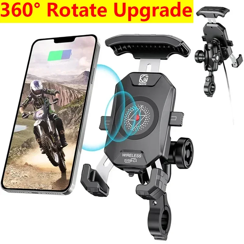 Motorcycle Wireless Phone Mount Fast Charger Stand 15W & USB C 3A Handlebar Anti Theft Motor Motorbike Holder For 4.0-7.0