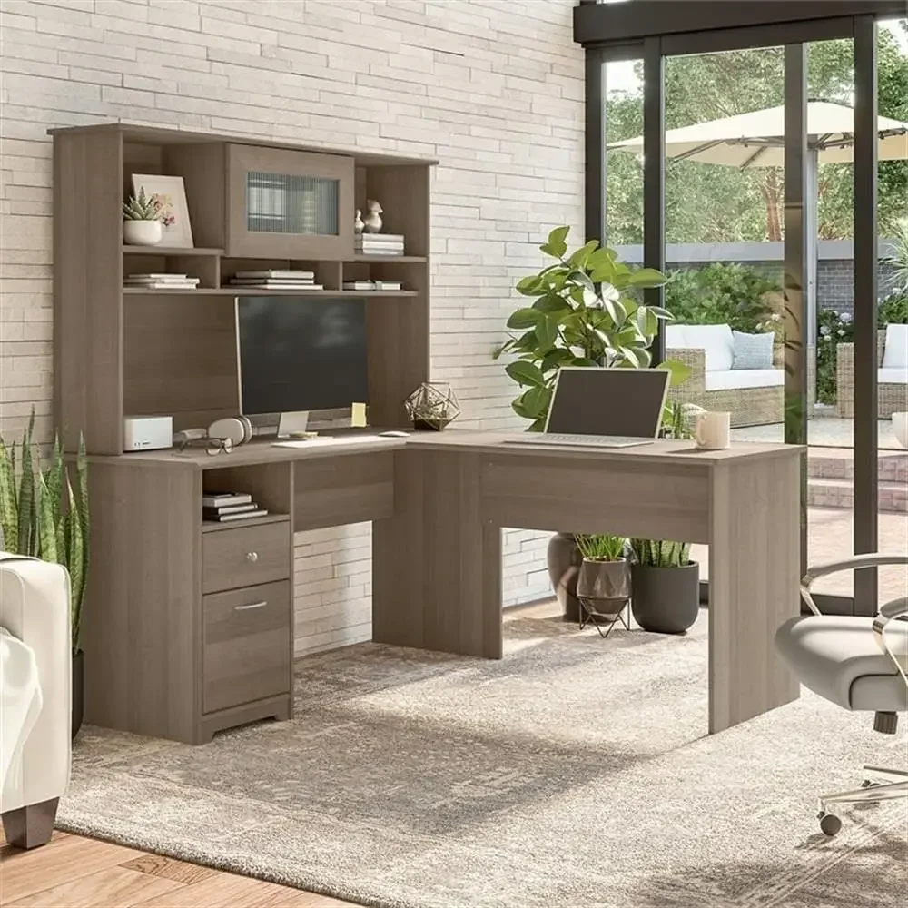 60W Single Pedestal Desk with Hutch, Ash Gray
