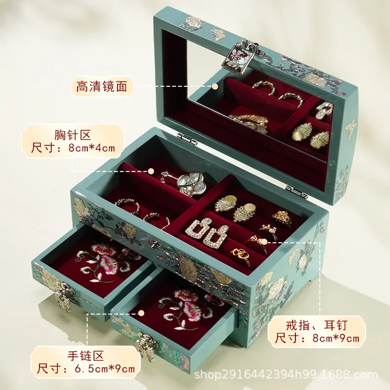 for Jinbei Legend Luodian Lacquer Jewelry Box Wooden Handmade Embroidered Shell Storage Case High End Sakura Blue Gift for