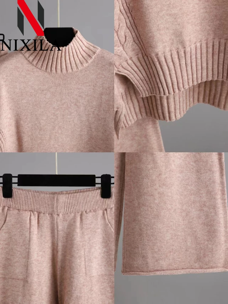 New Winter Autumn Sweater 2 Piece Sets Fashion Knit Wide Leg Pant Sets Elegant Retro Pullover Tops Two Piece Sets Womens Outfits