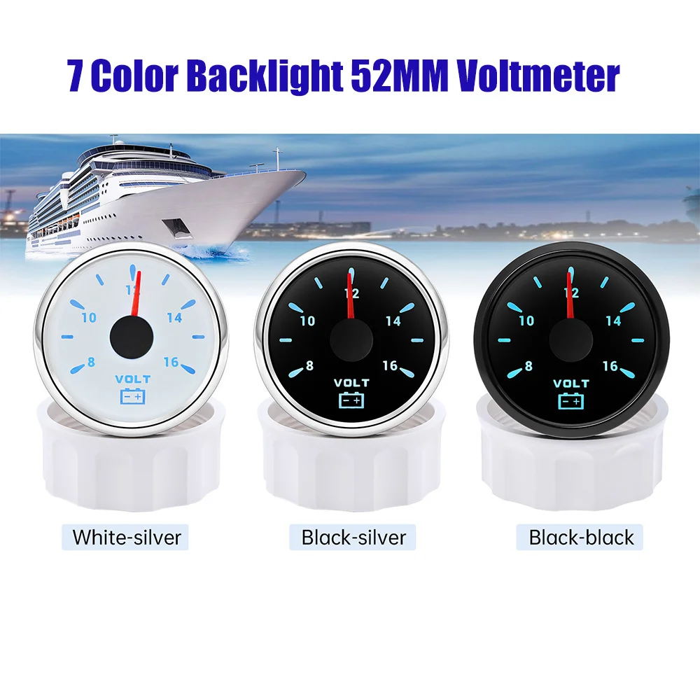 Universal 7-Color LED Backlight 52mm Digital Voltmeter For 12V Vehicles Car Boat Marine IP67 Waterproof Volt Gauge 8-16V Meter