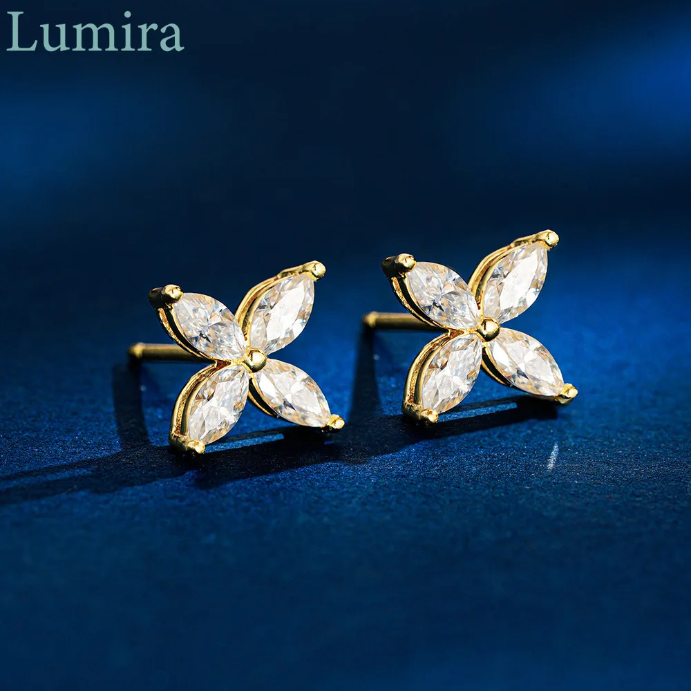 Lumia Lucky Knot Flower-Shaped 18K Gold Stud Earrings for Women Featuring Marquise-Cut Moissanite Stone Girlfriend Gifts