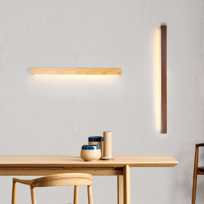 Wooden Strip Lamp Modern Simple Solid Wood Log Strip Wall Lights Living Room Decor Background LED Light Bedroom Bedside Lamps